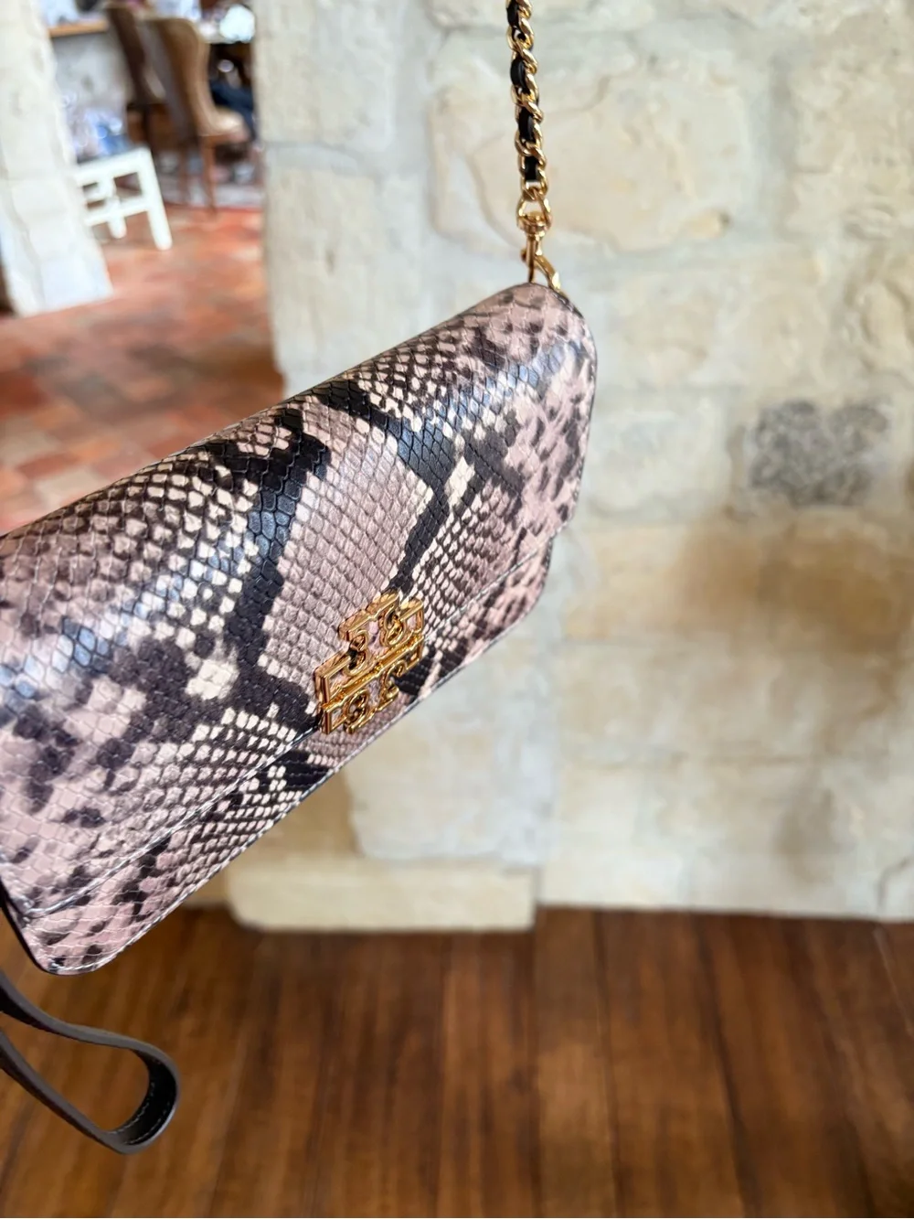 Tory Burch Pink Snake-Print Leather Chain Crossbody with Gold Logo